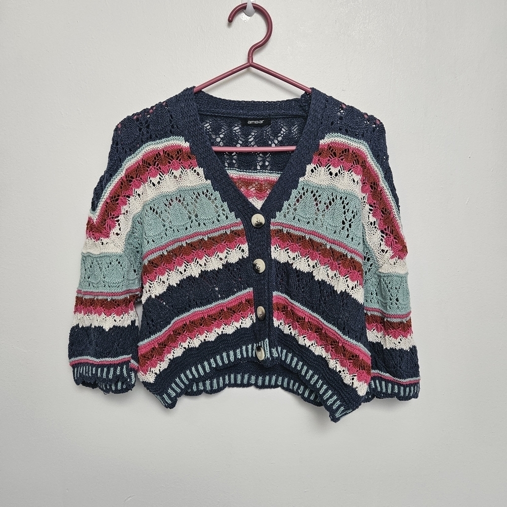 Vintage Hand Crochet Sz M Colorful Striped Open Cropped Cardigan Sweater
